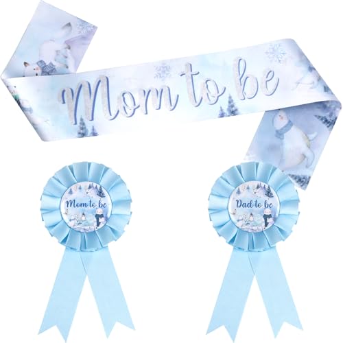 kreat4joy Arctic Animals Baby Shower Decorations, Winter Woodland Mom to Be Sash Corsage Dad to Be Tinplate Badge Pin Blue Party Set for Winter Baby Shower Gender Reveal Party