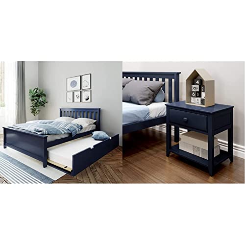 Max & Lily Full Bed, Wood Bed Frame With Headboard For Kids With Trundle, Slatted, Blue & Nightstand With Drawer And Shelf, Blue #TOP4