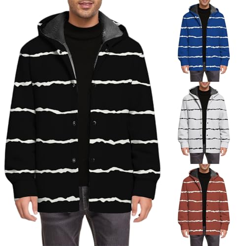 Sudadera con botones para hombre | Chaqueta casual con forro polar de manga larga con capucha con botones impresos, chaquetas con botones frontales, ropa de calle Sherpa gruesa | Sudadera a rayas para