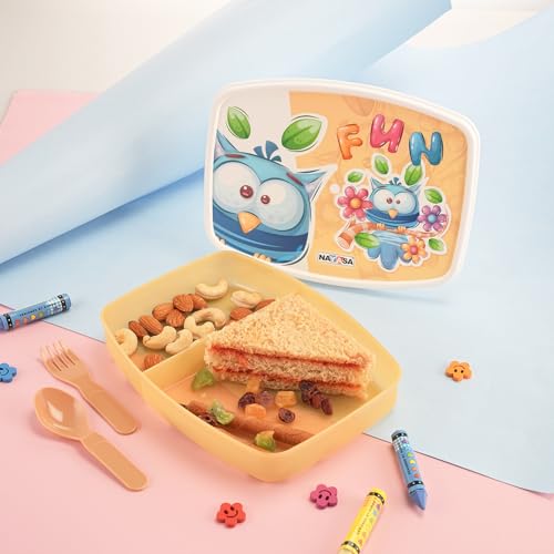 Image of Nayasa Witty Deluxe Mini 2 Compartment Lunchbox | BPA Free and Food Grade Plastic Tiffin | Owl Print | 450 ML | Yellow