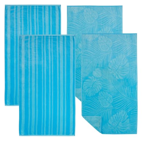 Great Bay Home 100% Cotton Beach Towels - 4 Pack of 30 x 60" Pool Towels - Absorbent & Quick Dry Towel (Turquoise/Teal Palm Leaf & Stripes)
