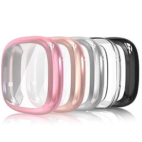 Simpeak 5Pack Full Screen Protector Case Compatible with Fitbit Sense/Versa 3 Soft Slim TPU Plated Bumper Case Compatible with Fit bit Versa3 Sense Smartwatch Rose Pink/Rose Gold/Clear/Silver/Black