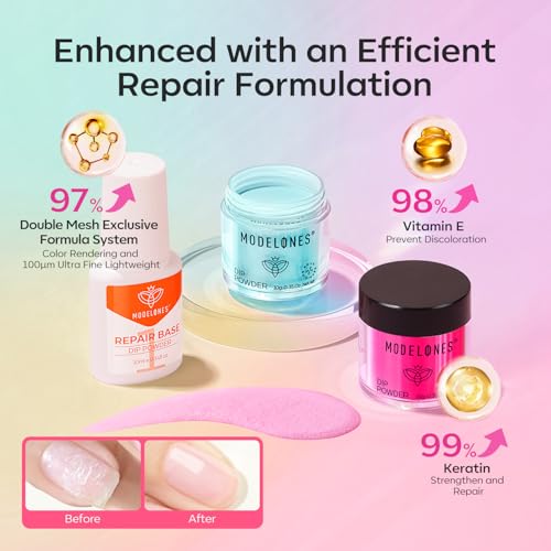 Modelones Dip Powder Nail Kit, 4 Colors Spring Summer Hot Pink Orange Yellow Blue Neon Dipping Starter Set with Liquid and Complete Accessories for French Nails Art Salon DIY at Home