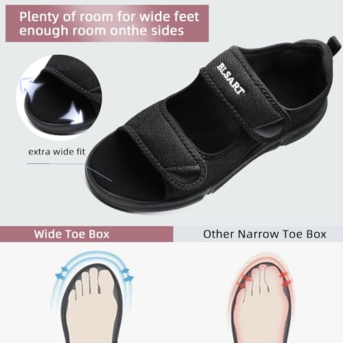 Diabetic Sandals for Women Wide Toe Swollen Feet Adjustable for Foot Pain Relief Open Toe Casual Athletic Sandals for Outdoor Beach Travel Summer Black 102