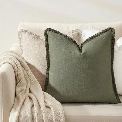 Image of decorUhome Linen Fringe Olive Green Throw Pillow Covers 18x18 Set of 2 | Decorative Soft Accent Modern Boho Farmhouse Cushion Covers with Tassels Cotton Pillow Covers for Couch Bed Sofa