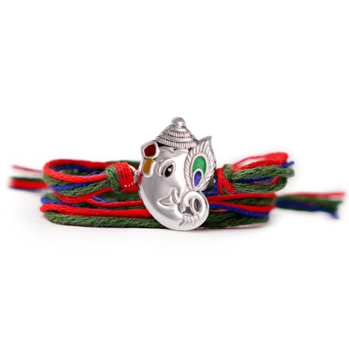 Image of Milan Jewellers MorPankh Ganesh ji 99.5 Pure Silver rakhi for brother