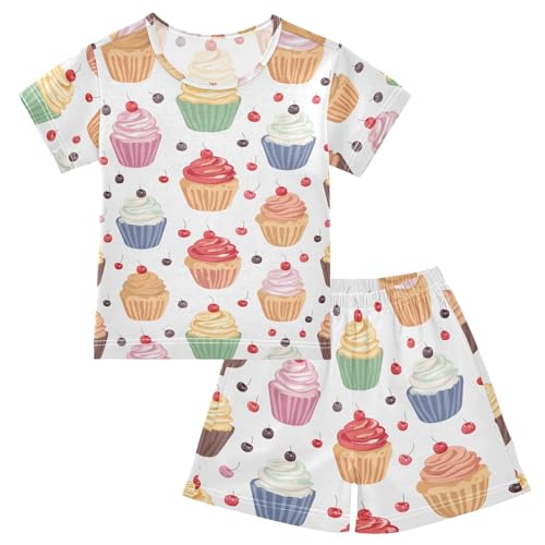 ALAZA Cupcake Ice Cream White Summer Pajamas Short Sleeve 2 Piece Sleepwear Top and Bottom Pajama Set Unisex
