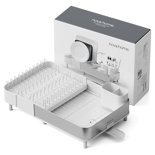 Scolapiatti da appoggio bianco | Estensibile in acciaio inox anti-impronta con beccuccio orientabile e scolaposate integrato | Design moderno e finitura opaca elegante per cucine minimaliste