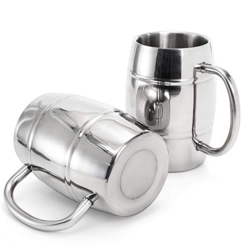 Image of Goaste 4 Pack Stainless Steel Barrel Mugs, 15 OZ Double Walled Beer Stein with Strong Handle, Heat Insulated Metal Drinking Cup, Coffee Tea Camping Travel Tumblers for Hot or Cold Beverages