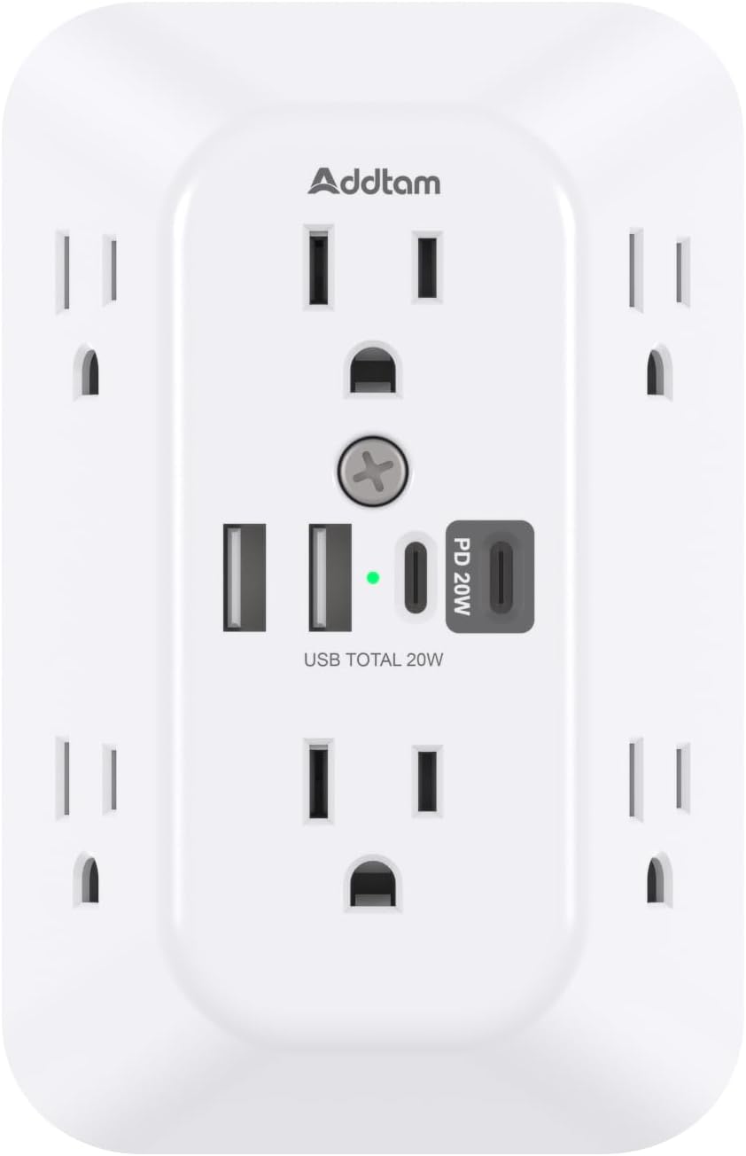 Addtam Surge Protector Outlet Extender, 6-Outlet Splitter with 4 USB Wall Charger(PD 20W), Multi Plug Wall Outlet 1800J Power Strip for Home Office Dorm Room Essentials