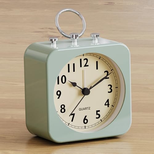 AYRELY® Battery Operated Alarm Clock with Square Metal Case,No Ticking Analog Quartz, Simple Operation for Bedroom/Travel/Desk/Kids(Green)