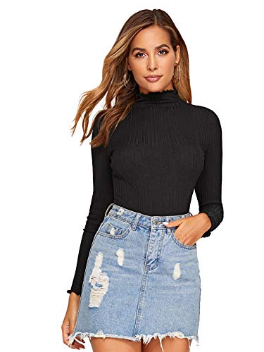 SweatyRocks Women s Ribbed Knit Mock Neck Lettuce Edge Long Sleeve T Shirt Tops Black L