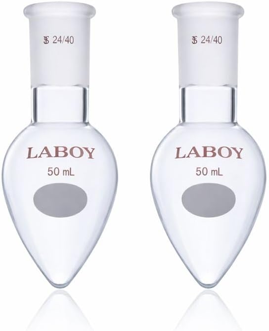 Laboy Glass 50mL Heavy Wall Pear-Shaped Flask with 24/40 Joint, Borosilicate 3.3 Hand-Blown Recovery Flask for Rotary Evaporator, Organic Chemistry Pack of 2
