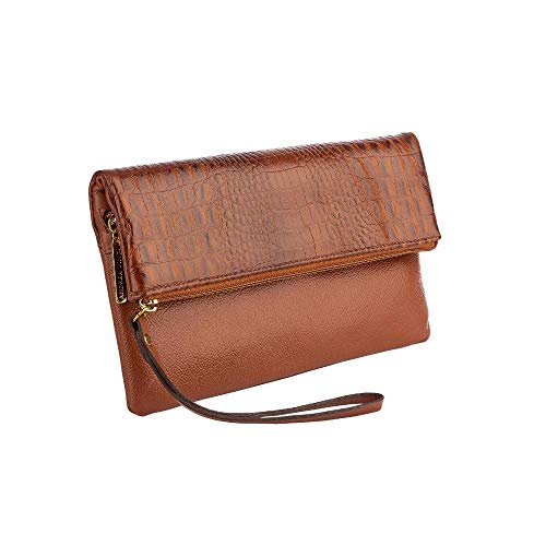 Clutch de couro com alça de mão Nikki - Whisky croco
