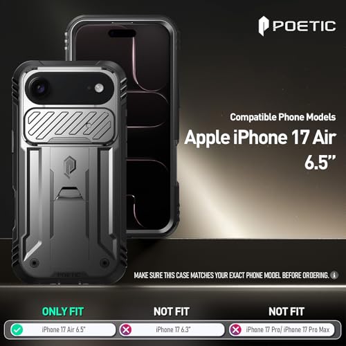 Image of Poetic for iPhone Air Case with Camera Control Capture Button, [Slide Camera Cover] [Built-in Stand] [Built-in Screen Protector] Full-Body Rugged Phone Case for iPhone 17 Air 6.5 inch, Black