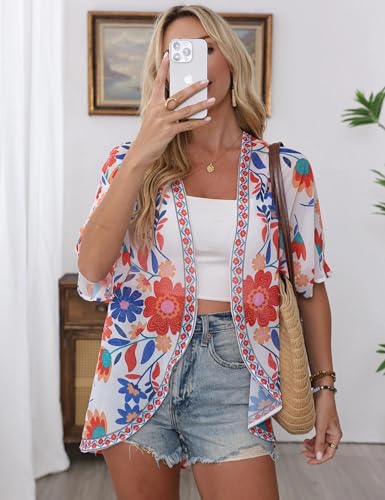 Image of Chunoy Women Floral Beach Wear Cover Up Chiffon Kimono Cardigan Open Front Blouse Top