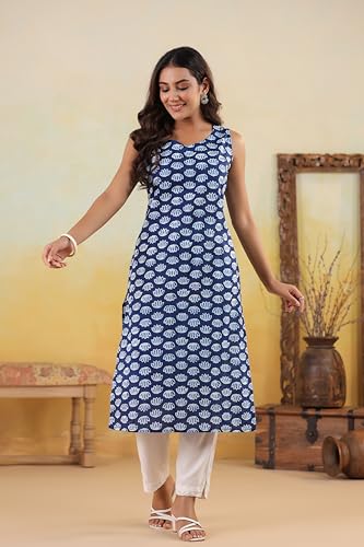 Image of Ichaa Women's All-Over Printed Sleeveless Kurta | Straight Fit Ethnic Kurta | Round Neck Casual Ethnic Wear Kurta