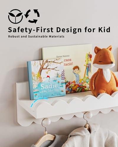 G&W Gruwald Nursery Book Shelves, Scalloped Shelves with Coat Hooks, Set of 3, Nursey Decor