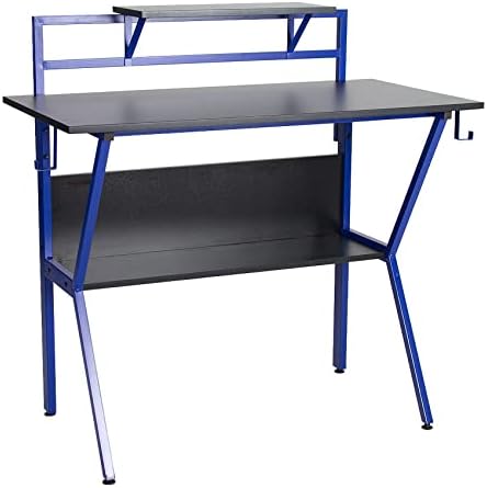 Neo Ergonomic 2 Tier Gaming Gamer Racing Computer Office Desk Table with Headphone Hook Monitor Stand & Shelf (Blue)
