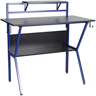 Neo Ergonomic 2 Tier Gaming Gamer Racing Computer Office Desk Table with Headphone Hook Monitor Stand & Shelf (Blue)