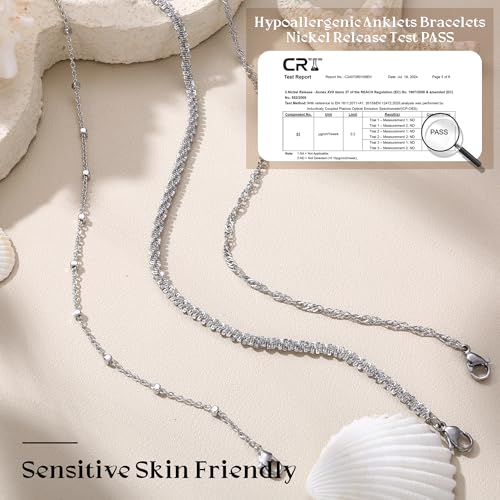 LOYALLOOK Waterproof Silver Anklet Set for Women - Dainty Beaded and Twist Chain Layered Foot Jewelry, Adjustable and Non-Tarnish Beach Accessories - Image 6