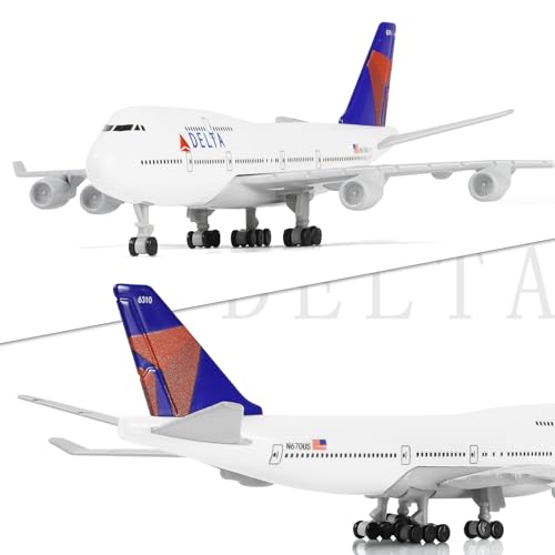 QIYUMOKE 1/400 747 Metallmodell für Delta Boeing747 mit Rädern (15.5 cm) geeignet für Luftfahrt-Enthusiasten zum Ausstellen, kann auch als Geschenk oder Dekoration verwendet Werden