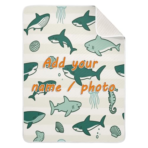 Custom Ocean Animal Fish Shark Green Beige Cotton Blanket Soft Personal Bunny Blankets for Kids for Newborns, Infants, & Toddlers 30x40in mantitas para