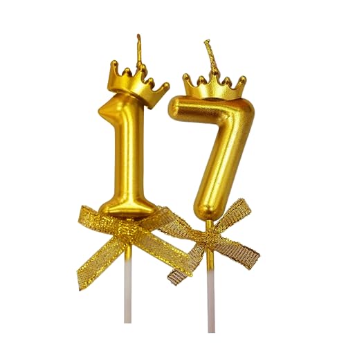 Image of 2 Pc 17 Number Candle for Birthday Cake Metallic Gold Number Candle with Crown on Top for Anniversary Cake Topper 17th Birthday Cake Decoration (Pack of 2, Gold).