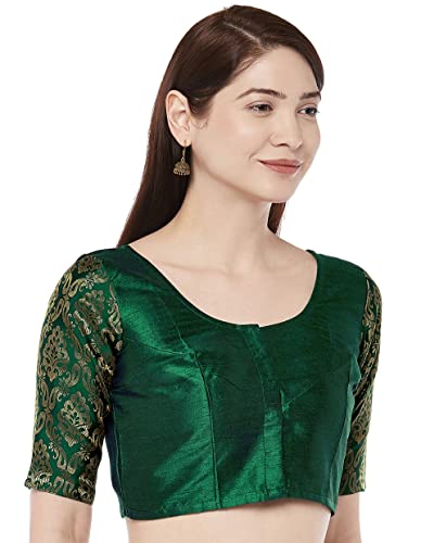 STUDIO Shringaar Women's Brocade Sleeve Readymade Saree Blouse with Round Neck(Bottle Green, 38)