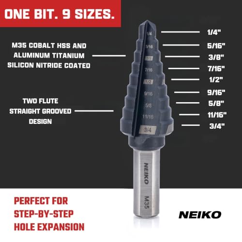 Image of NEIKO 10184B Step Drill Bit, 9 Steps 1 /4 inch to 3 /4 inch Straight M35 Cobalt, AlTiSiN Coated, 3 /8 inch Tri-Flat Step Bits for Steel, Metal, Wood, Plastic, Unibit Cone Drill Bits, Two Flute