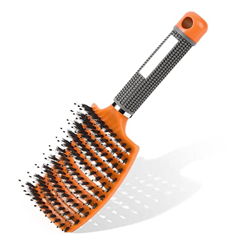 URAQT Cepillo de Pelo, Cepillo para el Pelo con Cerdas de Jabalí Naturales, Peine de Pelo Masaje Curvo y Ventilado, para Secado Más Rápido, Reducir el Encrespamiento y la Rotura (Naranja)