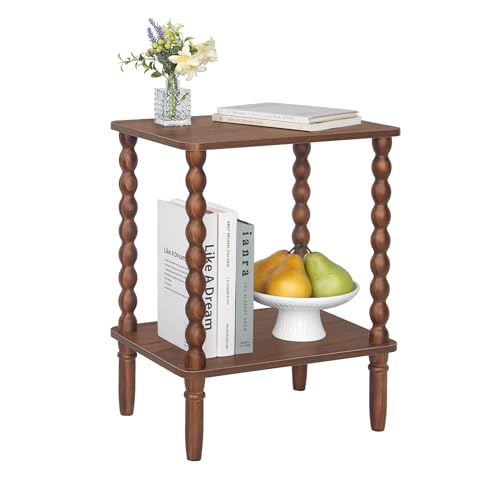 Fultyle Small Side Table, Walnut End Table with 2-Tier Shelf, Nightstand