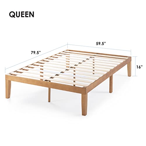 Mellow Naturalista Classic 16 Inch Solid Wood Platform Bed with Wooden Slats, Natural Pine, Queen