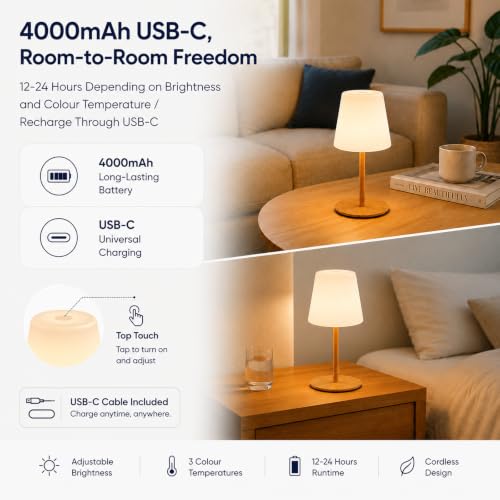Image of IP65 Waterproof Shower Lamp, Cordless Rechargeable Table Lamp, Wood Grain