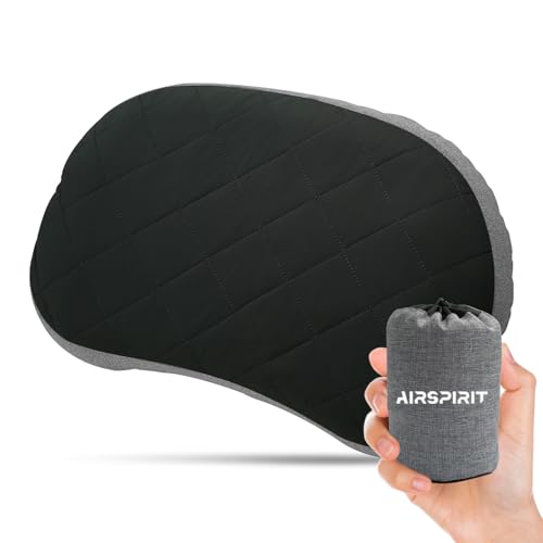 AIRSPIRIT Ultralight Camping Pillow Inflatable with Removable Washable Cover, Compact Travel Pillow for Neck Support, Hiking, Backpacking, Office, Airplane, Car & Beach – Adjustable Firmness (Black)