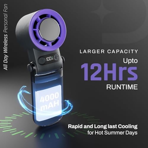 Image of Domestica Flo Hand Fan Rechargeable | 20000 RPM with IcyTouch | 4,000 mAh Battery [Up to 12H] | 3-in-1 Hand, Neck & Desk Fan | Portable, 180 Foldable Design | For Travel, Office, Makeup(Shadow Plum)