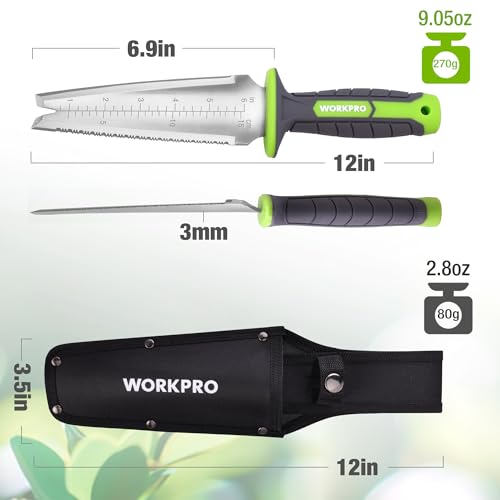 WORKPRO Tuintroffel met V-inkeping punt, 30 cm Hori Hori tuinmes met ophanggat, dubbelsnijdend blad, multifunctioneel onkruidtrekgereedschap met Oxford schede voor wieden, graven, wortelsnijden - Afbeelding 3