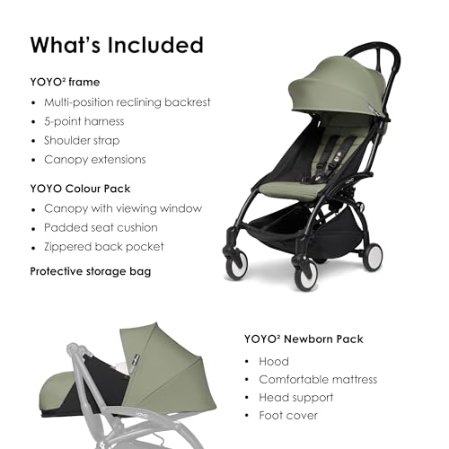 Image of BABYZEN YOYO Foldable Stroller - Includes Newborn Pack (Olive), Black Frame & 6+ Color Pack (Olive) - Suitable for Newborn Up to 22 kg, Lightweight, Mattress, Canopy, Head Support & Foot Cover