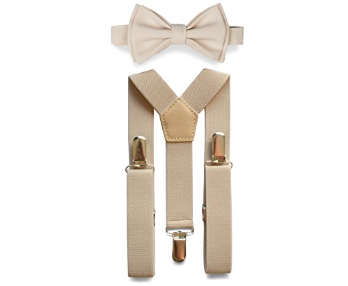 Tan Suspenders & Bow Tie Set for Baby Toddler Boy Teen Men (3. Boy (7-12 yrs), Tan Suspenders, Cream Bow Tie)