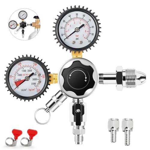 Draft Beer Nitrogen Regulator 0-100psi Dual Gauge Nitrogen Gas Pressure Regulator，CGA580 Nitrogen Tank Regulator 0-3500PSI with Relief Valve 5/16 Outlet Barb Nitro Regulator for Beer Keg Home Brewing