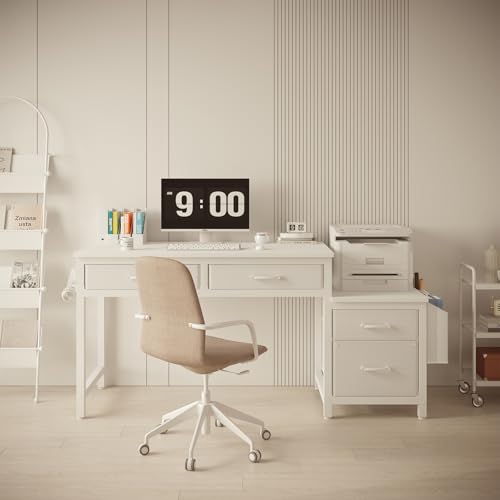 Lufeiya White Computer Desk with Fabric File Drawers Cabinet, 57 Inch Home Office Desks with Reversible Filing Cabinet Printer Stand for Small Space, Study Writing Table PC Vanity Desks, White - Thumbnail 2