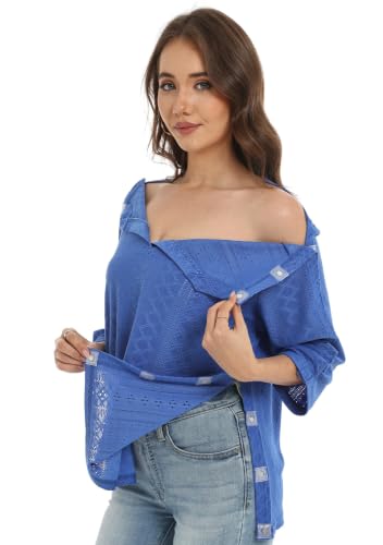 Recorah Women’s Post Surgery Shirt Summer Hollow Out Adaptive Top with Magnetic Closures, Shoulder & Side Open Recovery Clothing for Rotator Cuff, Breast Surgery Blue