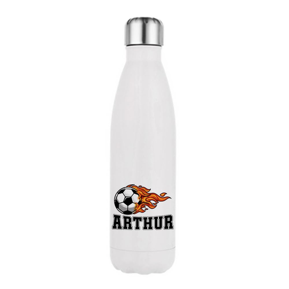 Personalised Sports Accessories, Custom Name Football Flame Design – Gift for Kids, Football Fans - School, Sports, 500 ML Double Walled Insulated Stainless Steel Bottle. (White)