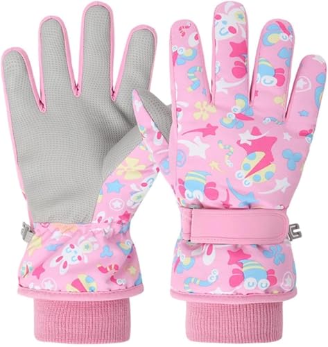 HNGEMSY Handschuhe Kinder Winter Schneehandschuhe Skihandschuhe für 2-13 Jahre Mädchen Jungen PU Palme Wasserdicht Winddichte Warm Fleece Winterhandschuhe (Rosa M)