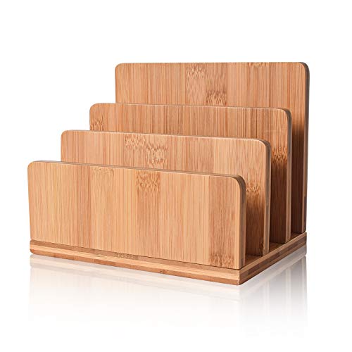 Bamboo Mail Organizer, wishacc Vertical Desk Letter/Envelope/File/Paper/Folder/Bill Holder for Office & Home, Small 3 Sections Desktop Office Supplies Incline Sorter Rack for Kids & Commuters