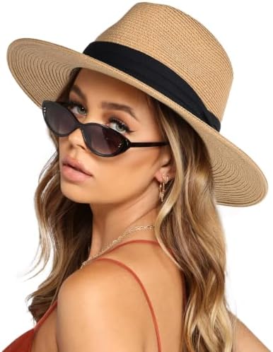FURTALK Womens Mens Wide Brim Straw Panama Hat Fedora Summer Beach Sun Hat