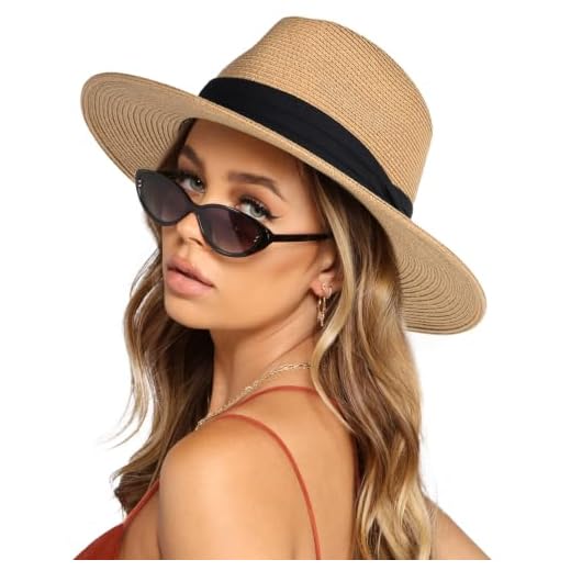 Womens Wide Brim Straw Panama Hat Fedora Summer Beach Sun Hat UPF50 Straw Hat for Women