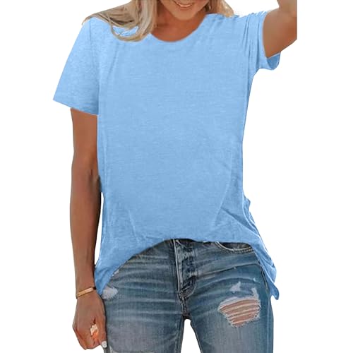 BLACKOO Womens Basic Crewneck Tee Solid Color T Shirts Short Sleeve Summer Tops Heather Sky Blue Medium