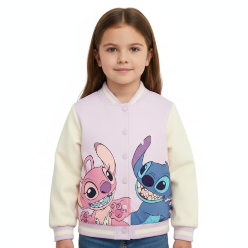 Disney Lilo & Stitch - Chaqueta universitaria para niñas, chaqueta bomber gruesa con botones a presión y bolsillos, abrigo cálido para niñas de 5 a 10 años, rosa, 6-7 años