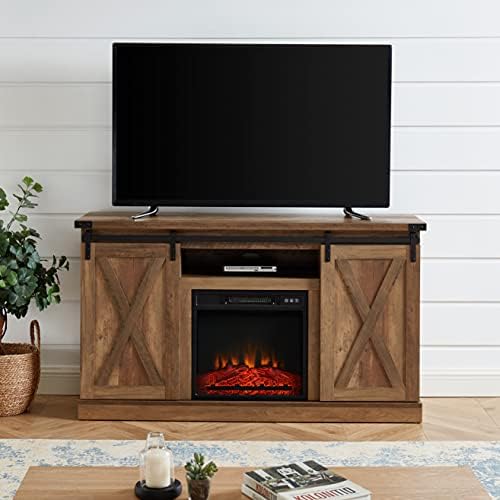 EDYO LIVING Barn Door Electric Fireplace TV Stand Console Entertainment Center for TVs up to 65" Rustic Oak
